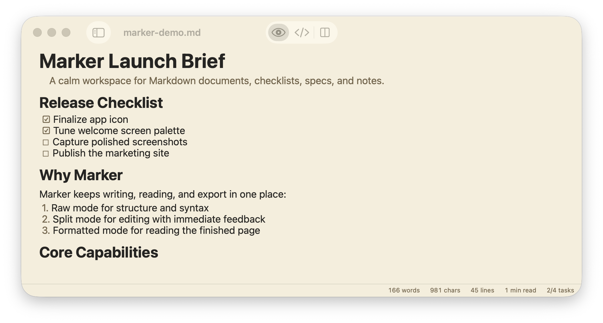 Formatted reading view for a Markdown document inside Marker.