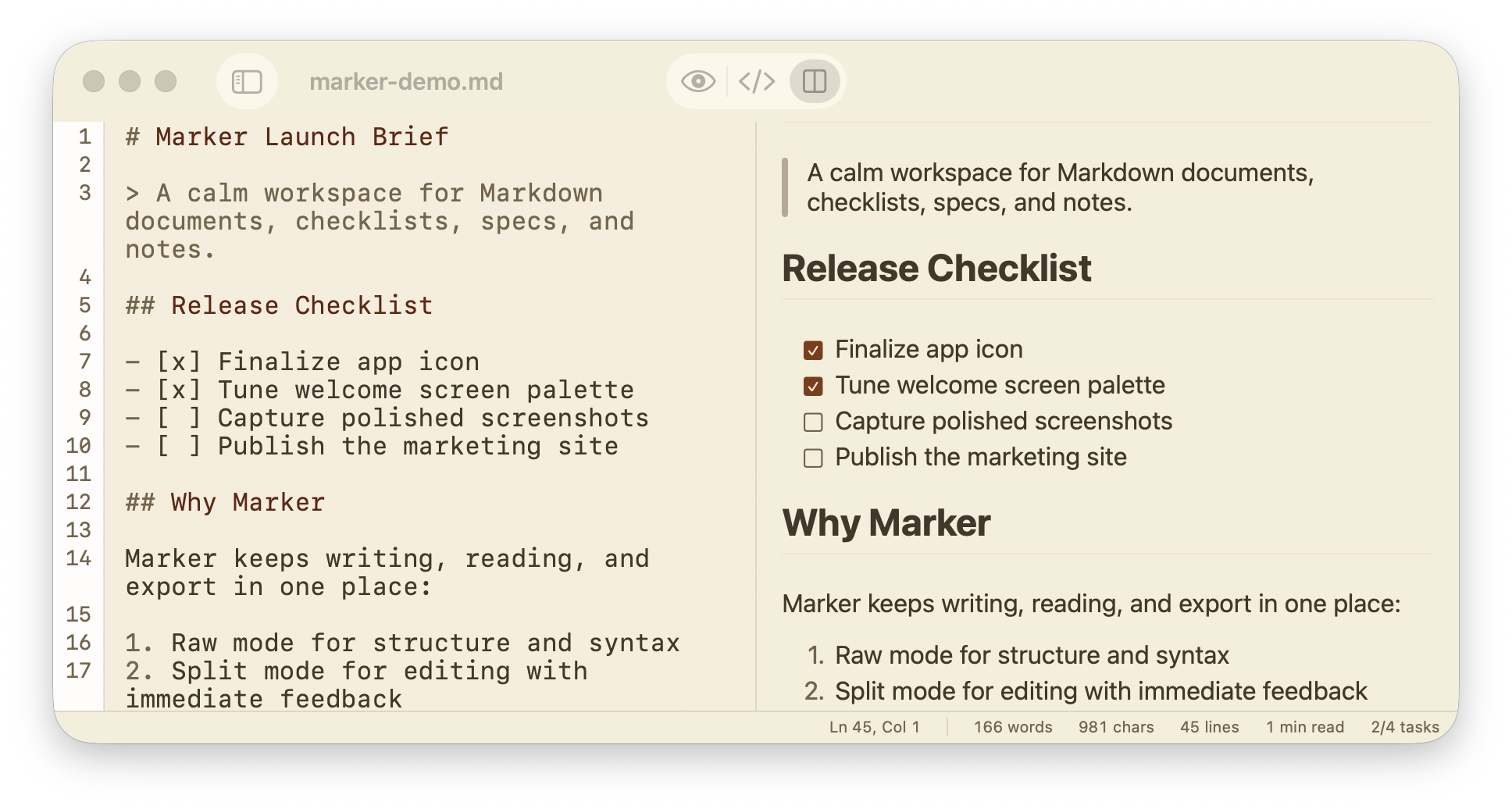 Split view in Marker with raw Markdown on the left and formatted preview on the right.