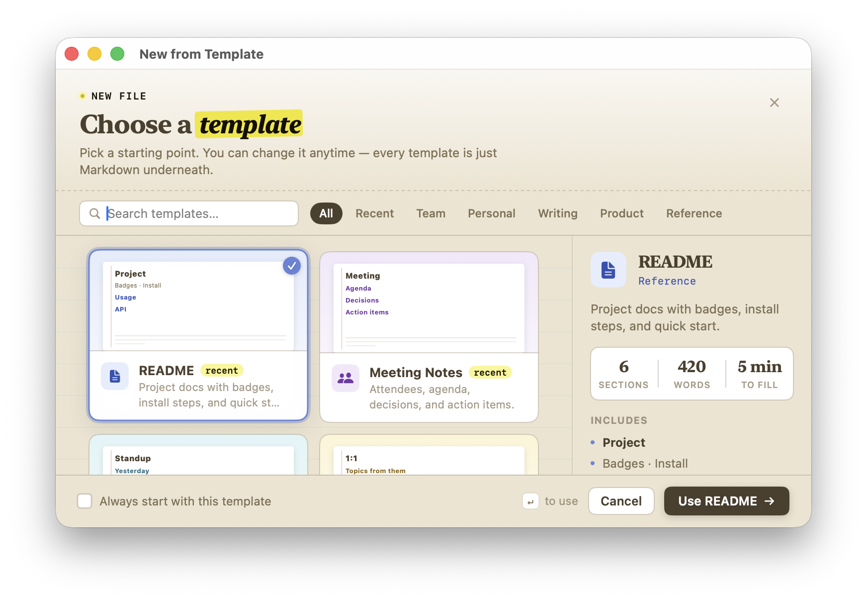 Template chooser window in Marker with README and notes templates.